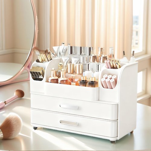 Makeup Organizer with 2 Drawers, Cosmetic Display Case, Storage Holder for Vanity, Bathroom Counter, Desk, Beauty Supplies (All White)