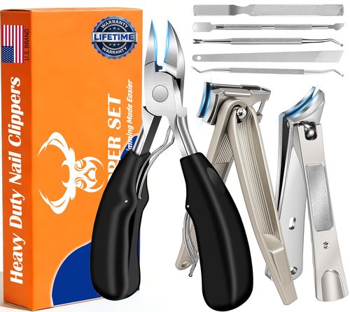8-in-1 Heavy Duty Toenail & Fingernail Clippers for Seniors Men with Thick & Ingrown Nails - Manicure Pedicure Kit with 360° Swivel Head - Professional Wide Jaw Podiatrist Tools
