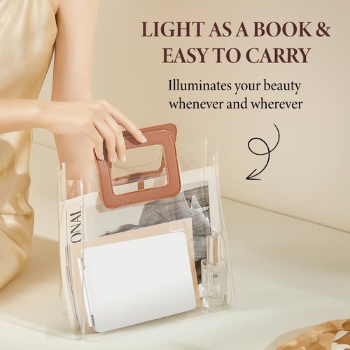 Travel Makeup Mirror with Time & Temperature Display, 2000mAh Rechargeable Battery, 7.5" Portable Foldable Lighted Mirror with 148 Led Lights, 3 Color Lighting Modes, Touch Dimming