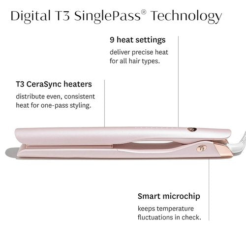 T3 SinglePass Smooth X Flat Iron - Extra-Long Ceramic Plates & 9 Heat Settings for All Hair Types