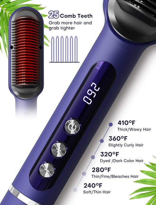 Handor Advanced Negative Ionic Hair Straightener Brush with 9 Temp Settings & Anti-Scald LED Display, 20s Fast Heating 250°F to 410°F, Effortless Styling for Silky Smooth, Frizz-Free Hair, Blue