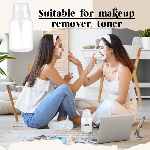 Layhit 3 Pack 6.8 oz (200ml) Push Down Lockable Pump Dispenser Bottle with Stickers, Alcohol Push Down Empty Refillable Container for Nail Polish Remover, Alcohol & Makeup Remover (Clear Top Cap)