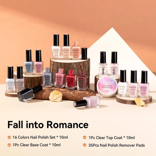 Nailshion Nude Gray Nail Polish Set Neutral 16 Colors with Base Top Coat Remover Pads, Nude Brown Burgundy Dusty Rose Fast Dry Fingernail Polish Set, Non-Gel, Rich in Castor Oil Nail Art Kit