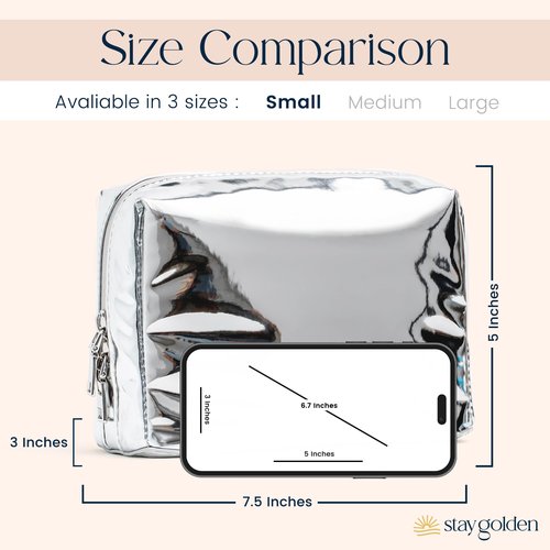 Stay Golden Metallic Silver Insulated Waterproof Makeup Bag for Women Heat-Resistant Travel Cosmetic & Toiletry Bag | Luxurious Vegan Leather Portable Makeup Organizer - Small