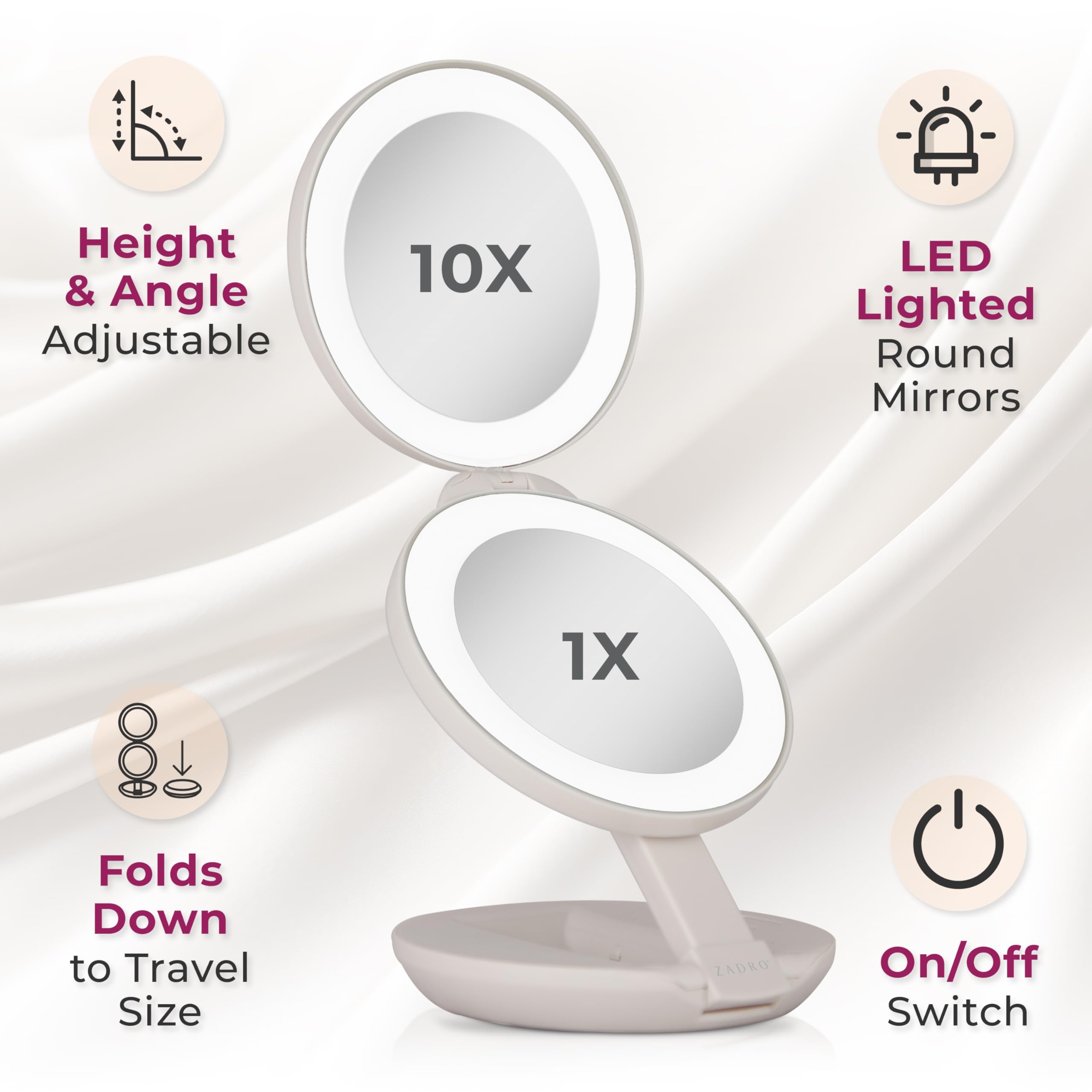 Zadro Compact Travel Makeup Mirror with Lights, 10X/1X Dual Magnification, LED Lighted Folding Design, Battery Operated Portable Mirror for Purse, Desk, or Travel Use (Chocolate)