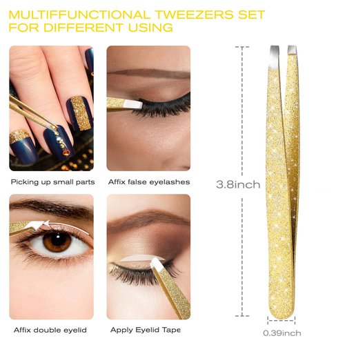 FungChoi 4-Pcs Glitter Stainless Steel Precision Tweezer Set for Eyebrows, Ingrown Hair & Lash Extensions (Gold)
