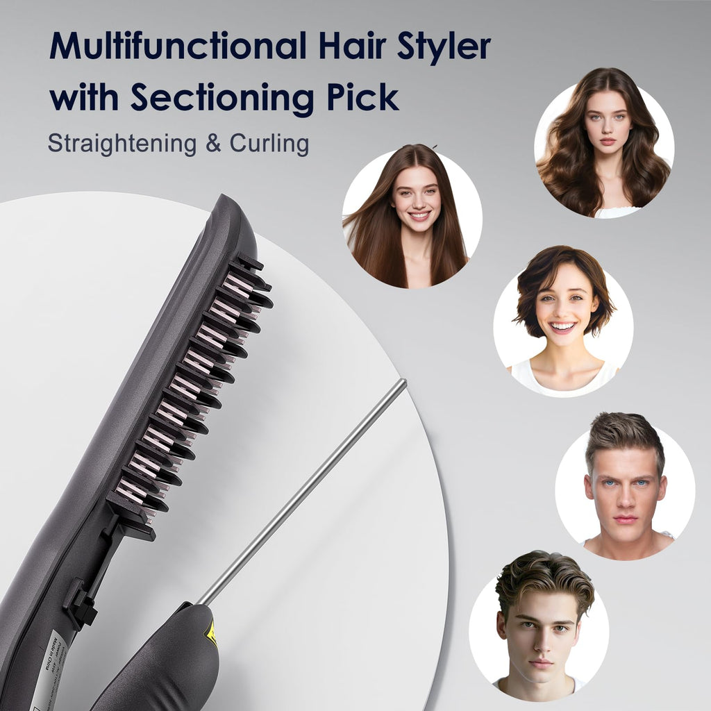 Yiiho Hair Straightener Brush, Straightening Brush with Sectioning Pick for Women & Men, 2 in 1 Hair Straightener Comb with 3 Temperature Settings, Hot Comb Flat Iron for Straightening & Curling