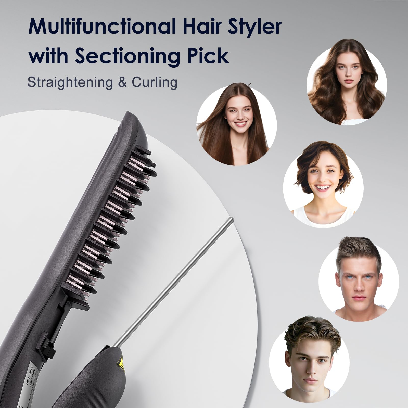 Yiiho Hair Straightener Brush, Straightening Brush with Sectioning Pick for Women & Men, 2 in 1 Hair Straightener Comb with 3 Temperature Settings, Hot Comb Flat Iron for Straightening & Curling