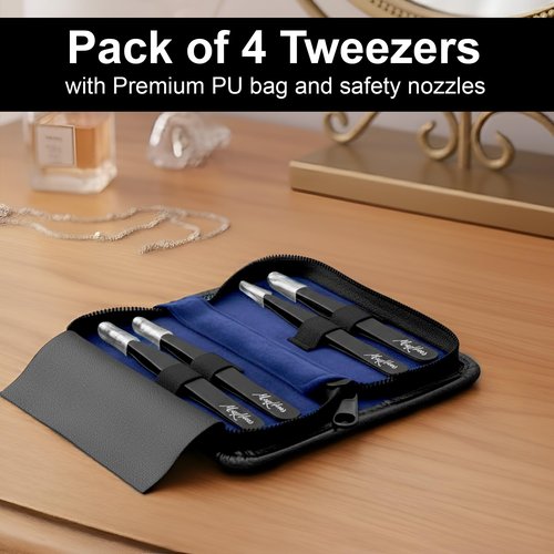 MaqHues Fiber Tip Eyebrow Tweezers Set for Women & Men, 4 Pcs Professional Stainless Steel Tweezer Kit with Slant, Pointed, Flat & Pointed-Slant Tips for Facial Hair & Eyebrow Removal (Black)