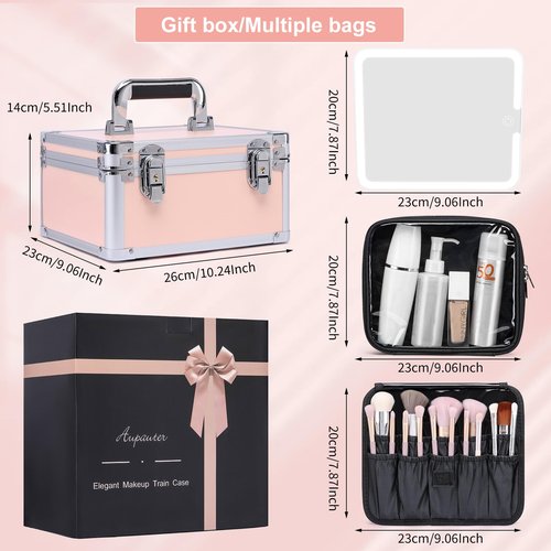 Makeup Box with Led Mirror,Travel Train Hard Case with Rechargeable Lighted Mirror Adjustable Dividers,Cosmetic Organizer Storage Bag for Makeup Artists,Appropriate Gift for Women and Girls,Pink