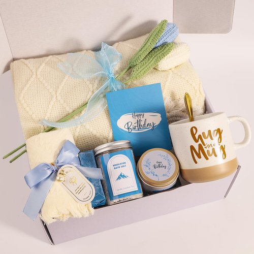 Birthday Gifts for Women, Happy Birthday Gifts for Mom, Her, Sister, Best Friend, Girlfriend, Coworker, Wife Bday Gift Ideas, Unique Relaxing Spa Birthday Gift Basket for Women Care Package w/Blanket