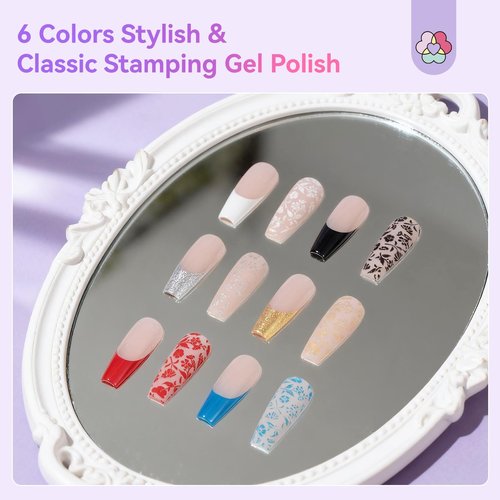 SAVILAND Nail Stamping Gel Polish Kit: 6 Colors Nail Stamping Polish Gel with French Tip Tool Silicone Stamp 8ML Stamper Polishs Gels Painting Gels Nails Kit for DIY Nails Art Design