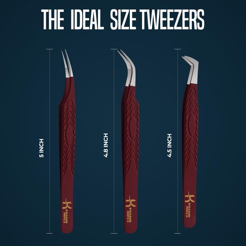 Eyelash Extension Tweezers, KHADMI IMPEX Fiber Tip Lash Tweezers - Set of 3 Eyelash Tweezers - Straight and Curved And Volume Eye Lash Tweezers for Extensions (Maroon)