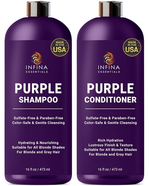 INFINA ESSENTIALS Purple Shampoo & Conditioner Set - Sulfate-Free, Nourishing Coconut Oil & Aloe Vera - 16 fl oz Each
