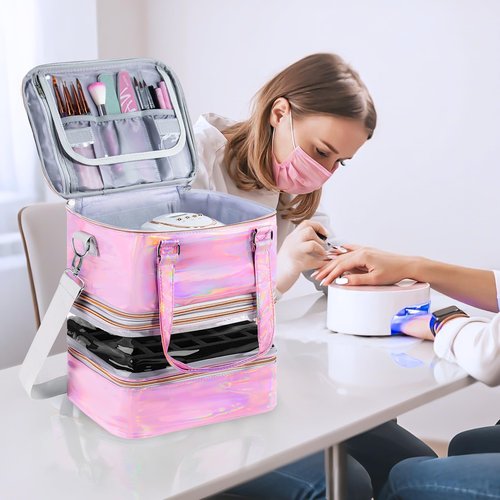 Nail Polish Organizer Case, 3 Layers Removable Nail Polish Storage Bag Holds 60 Bottles and Nail Lamp with Shoulder Strap Portable Holographic PU Leather Nail Kit Storage for Manicure Tools (Pink)