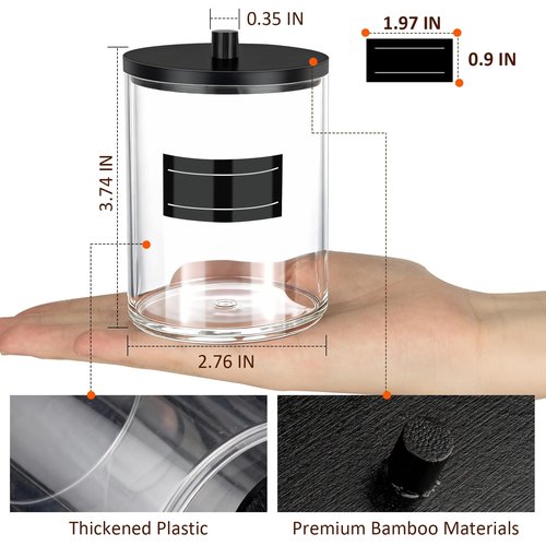 4 Pack 10 oz Acrylic Qtip Holder with Labels Dispenser- Bathroom Small Clear Plastic Canister Apothecary Jar Set Essentials Accessories Decor, Vanity Storage Organizer