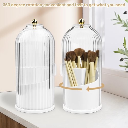 Ezebesta 1PCS Makeup Brush Holder Organizer with Clear Lid 360 Rotating Sliding Opening Dustproof Brushes Container for Vanity