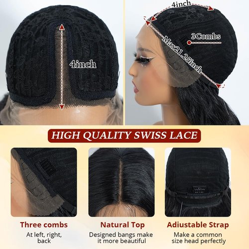 Rebecca Q Water Wavy Wig Long Wavy Lace Front Wig For Women T-Part Natural Hairline Synthetic Wigs Long Black Wig For Daily Cosplay Party 30 inches
