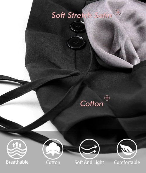 Silk Lined Work Cap with Button for Long Ponytail Hair Women Black