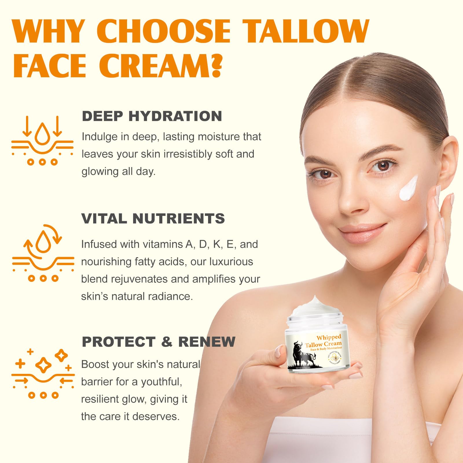WLCTJIAYOU Beef Tallow for Skin - Tallow and Honey Balm for Face - 100% Grass-Fed Beef Tallow, Honey & Beeswax, Deep Hydration for Dry & Aging Skin, Natural Barrier, Nourishing Moisturizer