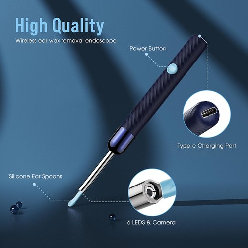 LEIPUT Ear Wax Removal - Earwax Remover Tool with 8 Pcs Ear Set - Ear Canal Cleaner with 1080P Camera - Ear Cleaning Kit with 6 Ear Spoon - Ear Camera for iOS & Android (Navy Blue)