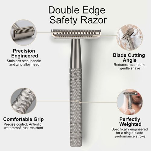 Stainless Steel Safety Razor - Single Blade Design for Men | 10 Double Edge Blades & Heavy Duty Handle