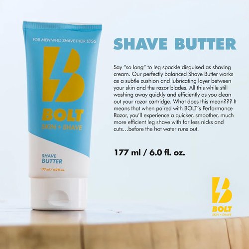 Bolt Skin + Shave - Shave Butter for Men - Ultimate Comfort for Smooth, Gliding Shaves - Reduces Nicks, Cuts and Irritation for a Luxurious Leg Shave with Cooling Aloe Vera and Menthol - 6 Fl Oz