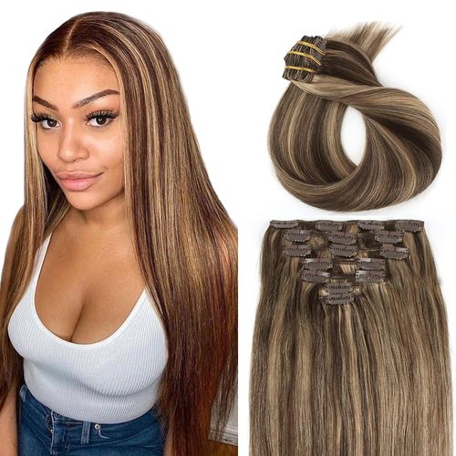 16 Inch P4/27 Blonde Clip in Hair Extensions - Real Remy Human Hair, 120g 7pcs, Highlight Blonde Human Hair Extensions Clip ins for Women