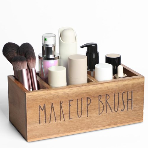 LBEMEY Acacia Wood Makeup Brush Organizer for Vanity,Cosmetic Skincare Organizers, Makeup Organizer with 3 Slots,Organizer Countertop for Cosmetics,Skincare, Brushes, Mascara,Lipstick,Pencils, Brown