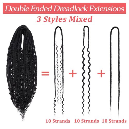 Leeven 30 Strands Double Ended Dreadlock Extensions 24 Inch Thin Synthetic Boho Dreads Ombre Honey Blonde 3 Style Mixed Full Set Wool DE Wavy Curly Hippie Dreads Braid in Soft Viking Dread for Women