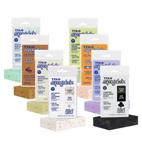 T.Taio Esponjabon Soap Sponge Variety Pack - Shower Scrubber - Bathroom Accessories - Mother of Pearl, Aloe Vera, Lavender, Charcoal, Cucumber-Melon, Oatmeal, Coffee, Pore-Cleansing (8 Pack)
