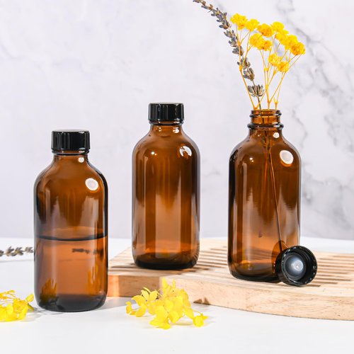 Exlvanto Small Glass Bottles with Lids Boston Round Shot Bottles for Health, Immunity, Ginger Juice, Essential Oils, Potion - Leak Proof Mini Travel Containers (Amber UV, 4oz-12Pack)
