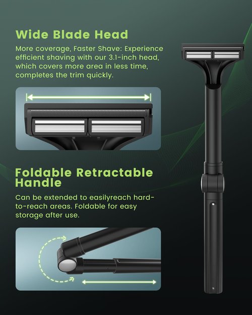 Manual Back Shaver for Men with Long Extendable Handle, Body Back Hair Trimmer for Men with 4 Replaceable Blades, Self-Service Body Groomer Razor, Wet & Dry Shaver for Easy Hair Removal black