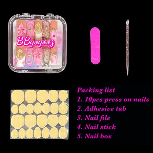 Handmade Press on Nails 3D Floral - Pink Nude Vintage Gold Rose & Pearl Design, Medium Long Square False Nails Reusable Acrylic Fake Nails (Mist Pink, M)