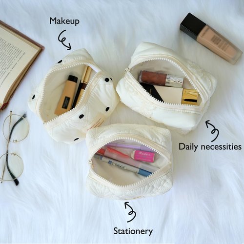 Sminra White Makeup Bag Small Nylon Cotton Quilted Cosmetic Makeup Bag Organizer, Aesthetic Floral Waterproof Portable Pouch Purse Toiletry Bag for Women Girls Travel accessories (White Lace-S)