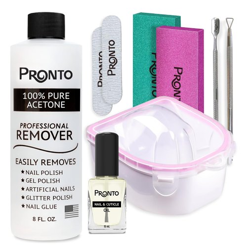 Pronto Gel Nail Polish Remover Kit – 8 Oz Pure Acetone 100 Percent, Nail File, Nail Polish Soak Off Bowl, Cuticle Oil for Nail Care + Manicure Set with Nail Buffer Block, Cuticle Pusher & Nail scraper