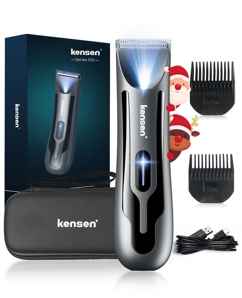 kensen Body Hair Trimmer for Men - Groin & Pubic Hair Trimmer with Ceramic Blades, Manscape Body Shaver for Men with LED Light Ball Shaver IPX7 Waterproof Wet/Dry Rechargeable Body Trimmer Mens Gift