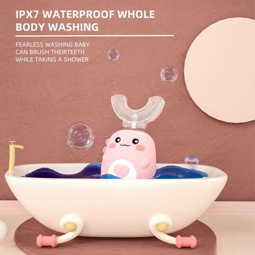 PLAYIKO Kids U Shaped Electric Toothbrush with 4 Brush Heads, 360° Sonic Automatic Toothbrush with 3 Cleaning Modes, IPX7 Waterproof Cartoon Dinosaur Design (Ages 2-12)