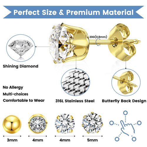 TKKUY 24 Pcs Ear Piercing Kit Disposable Ear Piercing Gun Kit 8 Pcs Self Piercing Gun with Cubic Zirconia Earrings Stud 4 Prong / 6 Prong Setting 3mm Diameter Ball Ear Stud Ear Piercer Kit Tool Gold