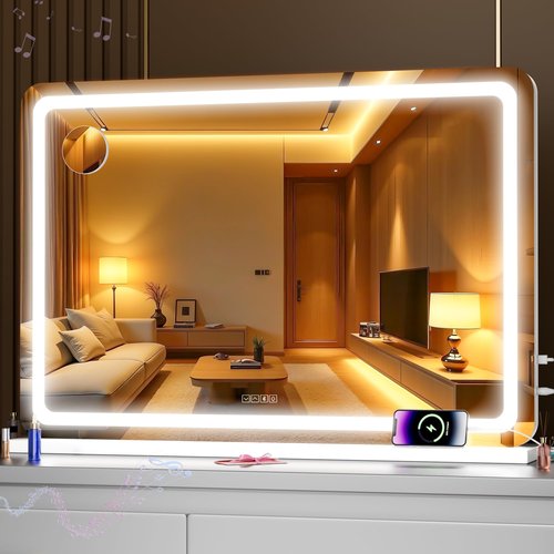 MINISO Vanity Mirror with Lights,37.4"x25.6"LED Makeup Mirror with Bluetooth Speaker,Touch Sensor,3 Light Colors,Dimmable,Metal Frame,with 10X Magnifying Glass,Rectangular White