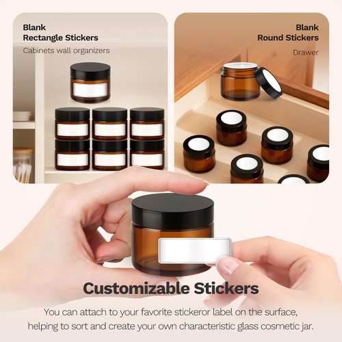 Bumobum 1oz Glass Jars with Lids, 6 Pack Small Amber Glass Jars with Labels, Refillable Empty Cosmetic Containers for Lip Balm Scrub Creams Lotions