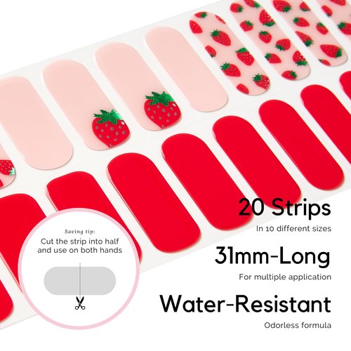 Semi Cured Gel Nail Strips - NAILOG 20 Pcs Red Strawberry Nail Stickers Extra Long Wraps with Glossy Gel Finishing for Spring, Strawberry Sorbet
