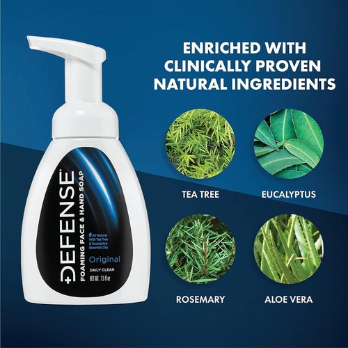 Defense Liquid Foaming Face & Hand Soap, Original + Peppermint 7.5 Fl Oz Combo with Tea Tree, Eucalyptus, Jojoba, Aloe Vera, Olive & Coconut Oils