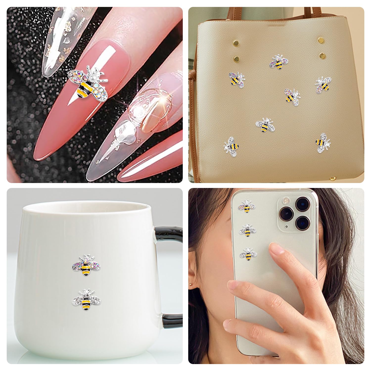 XEAOHESY 20pcs Alloy Bee Nail Charms Silver Bee Charms for Acrylic Nails Metal Nail Bee Charms Inlay Clear AB Rhinestones or Pearls Cute Mini Bees Nail Studs Nail Jewels for Women Girls Nail Art