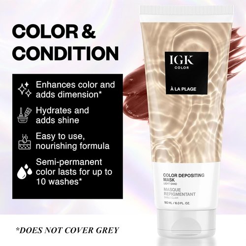 IGK A La Plage Color Depositing Hair Mask - Light Sand Semi-Permanent Conditioner + Gloss Toner | Hydrating + Vegan | 6 oz