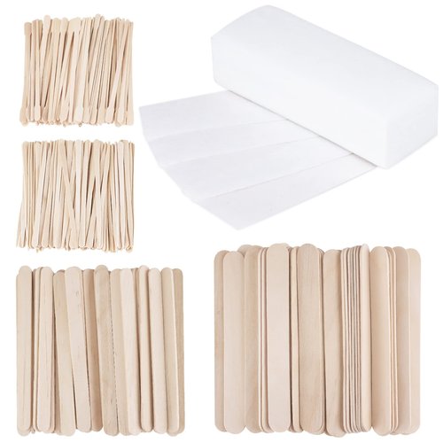 400Pcs Wax Strips Sticks Kit, FHDUSRYO 300 Small Medium Large Wooden Wax Applicator Sticks Eyebrow Wax Spatulas and 100 Non-Woven Paper Wax Strip for Face Body Hair Removal Women Men