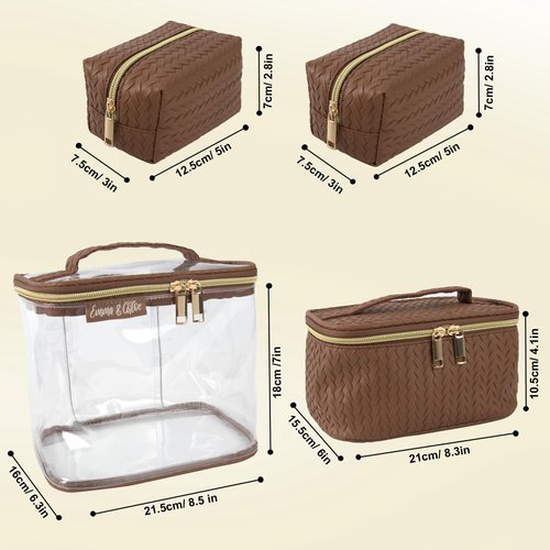 Emma & Chloe Travel Toiletry Bags for Women, 4 Piece Waterproof Cosmetic Case, Set, Pouch Makeup Organizer Bags for Women, Home Counters (Smooth Brown Chevron)