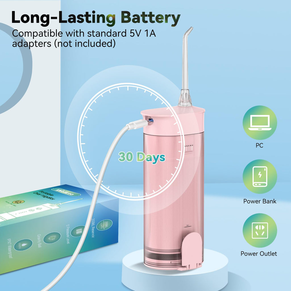 WellLeo Mini Water Flosser for Teeth,Travel Dental Flosser Picks, Portable Oral Irrigator with Telescopic Water Tank, 5 Modes IPX7 Waterproof Tooth Flosser for Brace, Sensitive Teeth, with Storage Bag