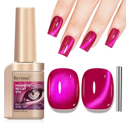 Bevimee Cat Eye Gel Nail Polish, Jelly Hot Pink Manetic Nail Polish Glitter Holographic with Magnet, Glass Reflective Translucent UV Gel for Valentine's Day Gift Manicure Salon DIY at Home