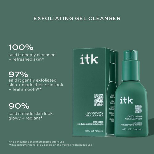 ITK Exfoliating Facial Gel Cleanser - Brightening Face Wash for Smooth, Even-Toned Skin - Glycolic Formula, 5 Fl Oz